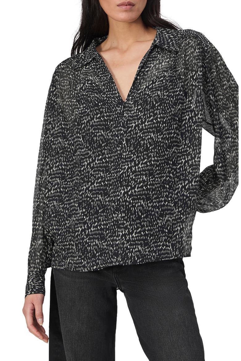 Emmy Abstract Print Silk Blend Button-Up Shirt, Alternate, color, BLACKMULT