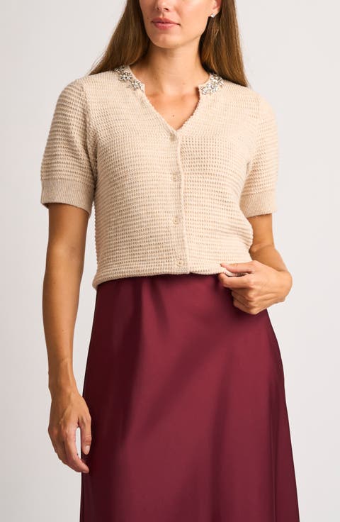 Embellished Short Sleeve Cotton Blend Cardigan