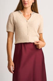 Halogen® Embellished Short Sleeve Cotton Blend Cardigan