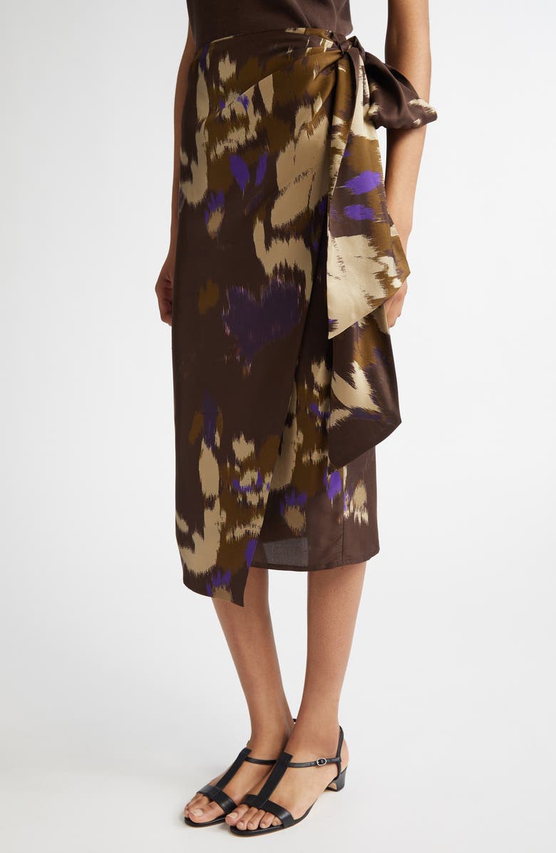 Max Mara Dritto Floral Shantung Silk Wrap Skirt, Alternate, color, Coffee