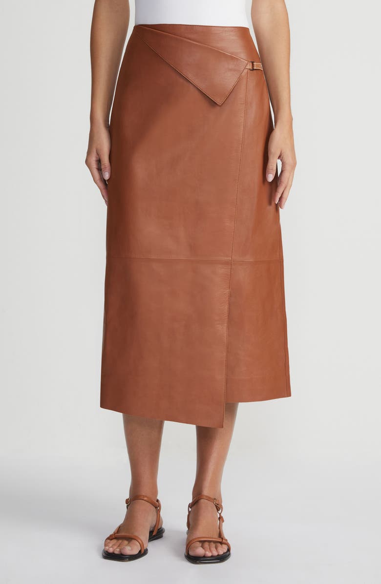 Lafayette 148 New York Asymmetric Panel Leather Midi Skirt, Main, color, Copper