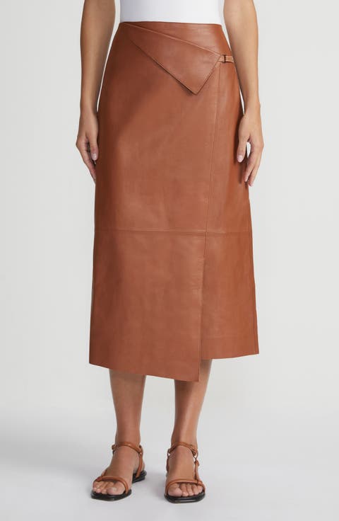 Asymmetric Panel Leather Midi Skirt