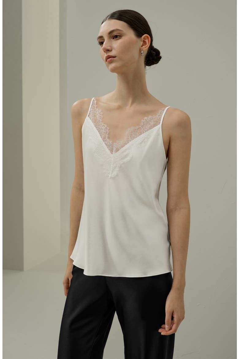 Women's Bias Cut Lace-Trimmed Silk Camisole, Alternate, color, Ivory