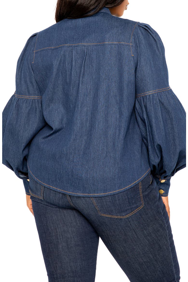 Bow Neck Puff Shoulder Denim Shirt, Alternate, color, DENIM BLUE