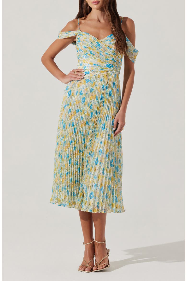 Floral Pleated Cold Shoulder Midi Dress, Main, color, BLUE YELLOW FLORAL