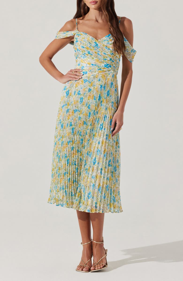 ASTR the Label Floral Pleated Cold Shoulder Midi Dress, Main, color, Blue Yellow Floral