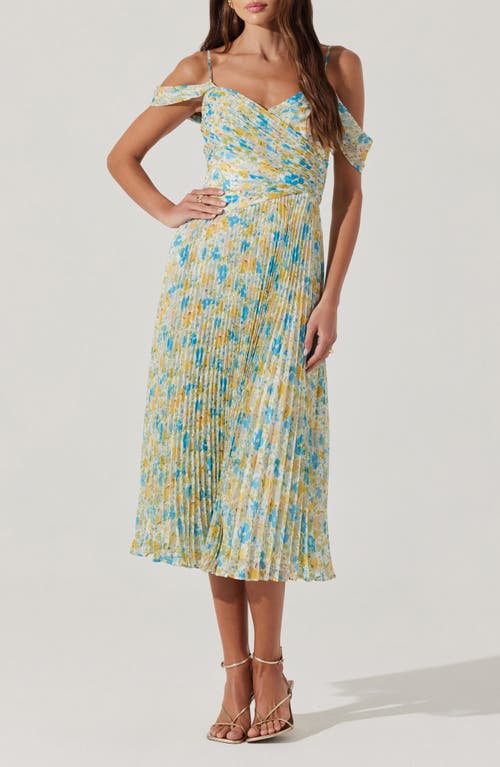 Astr The Label Floral Pleated Cold Shoulder Midi Dress In Blue Yellow Floral