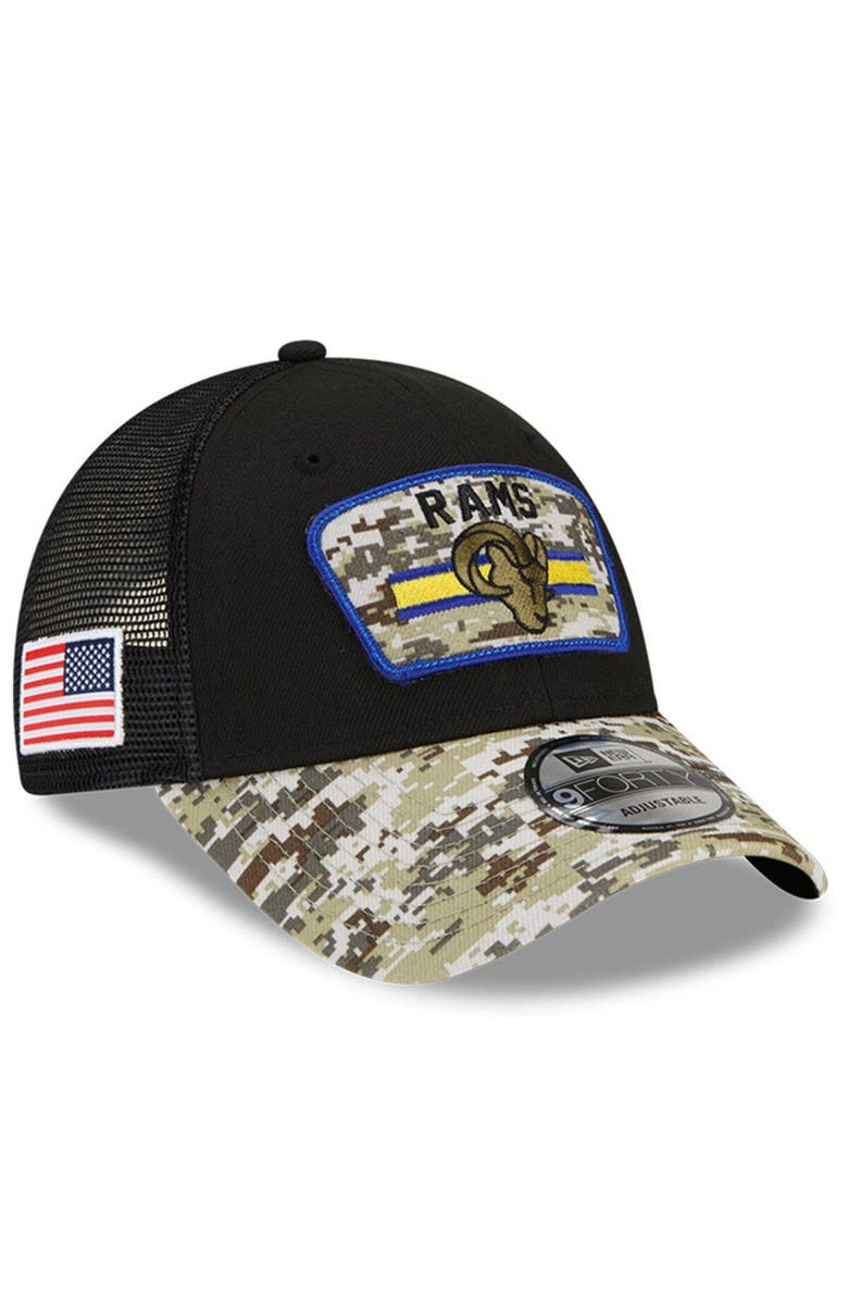 New Era Men's New Era Black/Camo Los Angeles Rams 2021 Salute To Service Trucker 9FORTY Snapback Adjustable Hat, Main, color, 