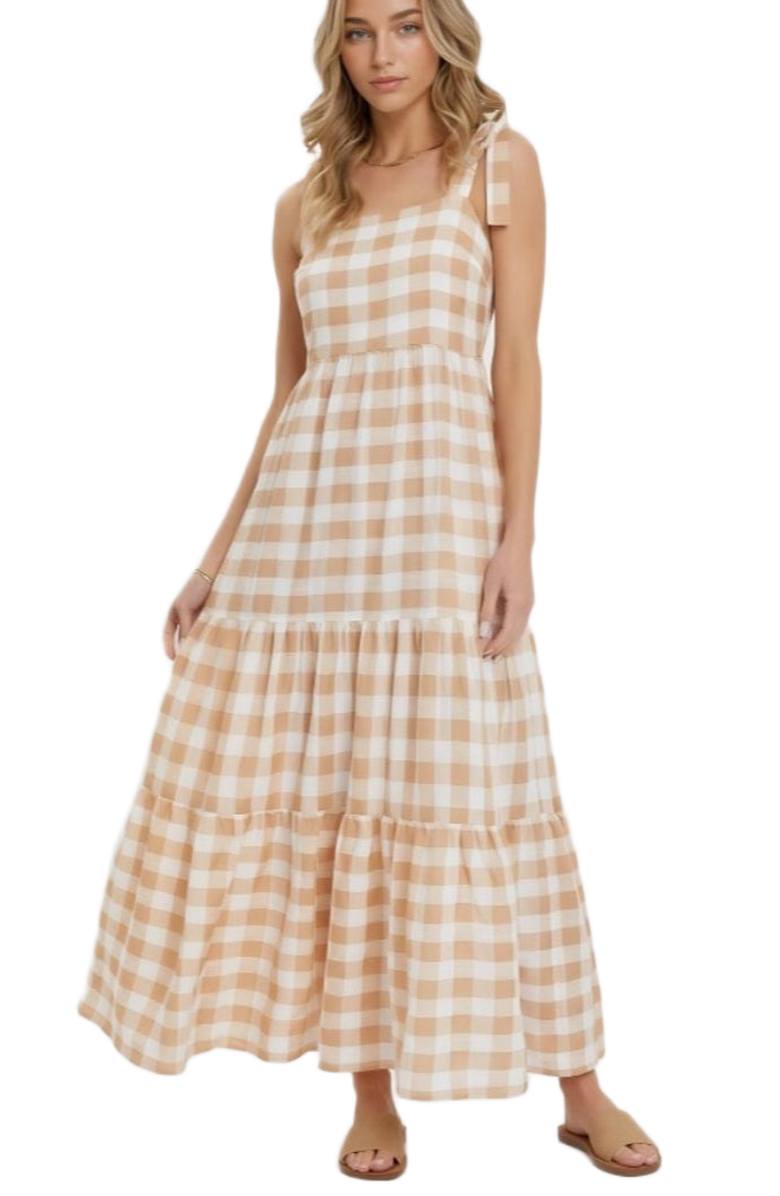 Knit and Lounge Gingham Tiered Maxi Dress with Tie Straps, Main, color, 