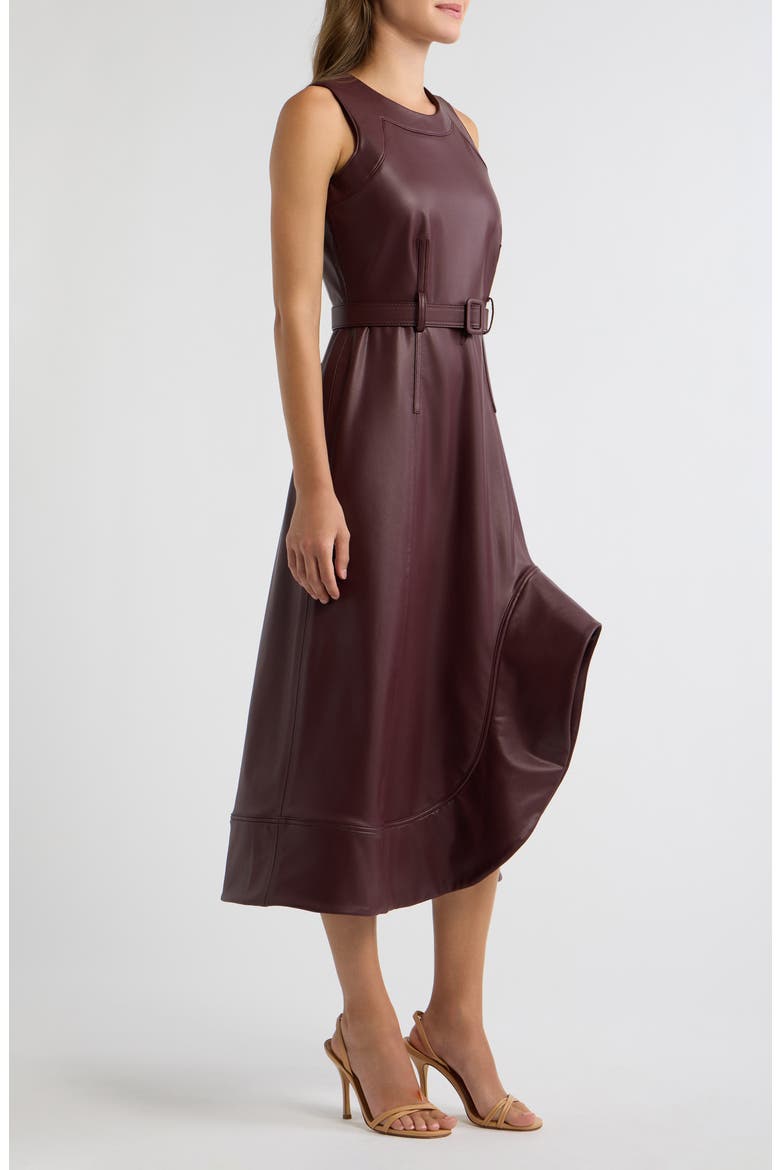 Asymmetrical Hem Faux Leather A-Line Midi Dress, Alternate, color, BAROLO