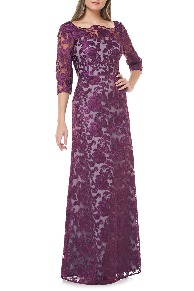 Scallop Neck Embroidered Lace Gown, Main, color, PURPLE WINE