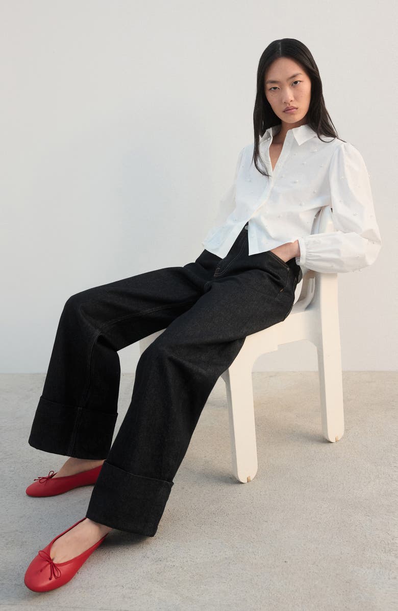 MANGO Pearl Detail Puff Sleeve Button-Up Shirt, Alternate, color, 