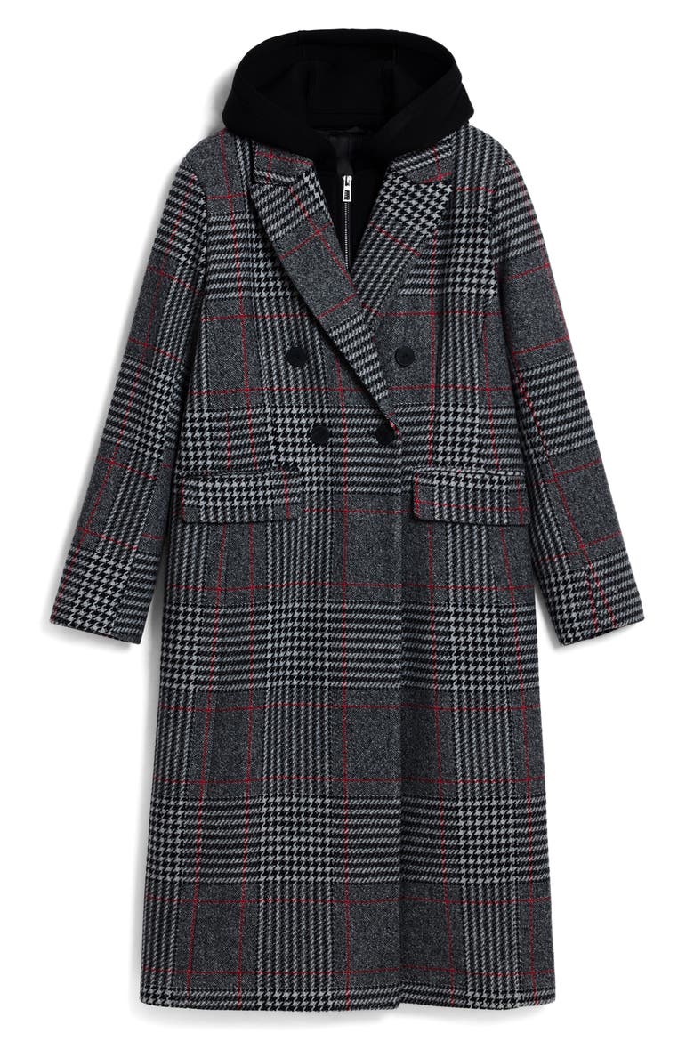 Tartan Plaid Overcoat with Removable Hood Inset, Alternate, color, MEDIUM GRAY