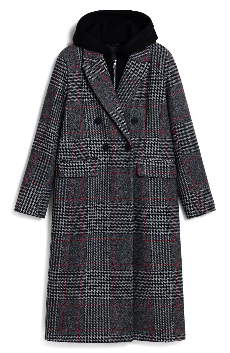 Desigual Tartan Plaid Overcoat with Removable Hood Inset, Alternate, color, Medium Gray