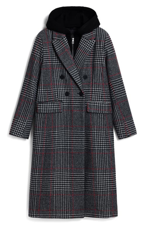 Desigual Tartan Plaid Overcoat With Removable Hood Inset In Gray