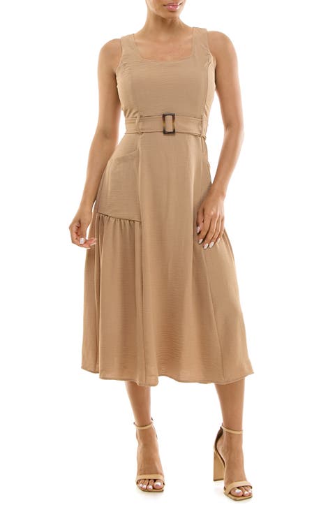 Square Neck Sleeveless Belted Midi Dress
