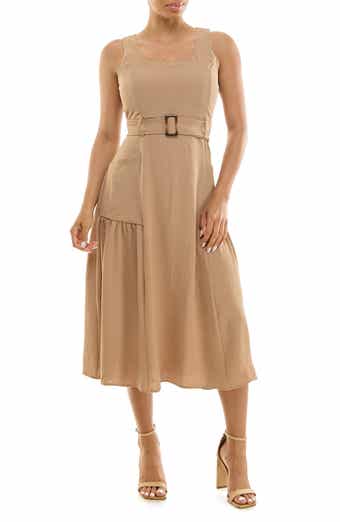 Square Neck Sleeveless Belted Midi Dress