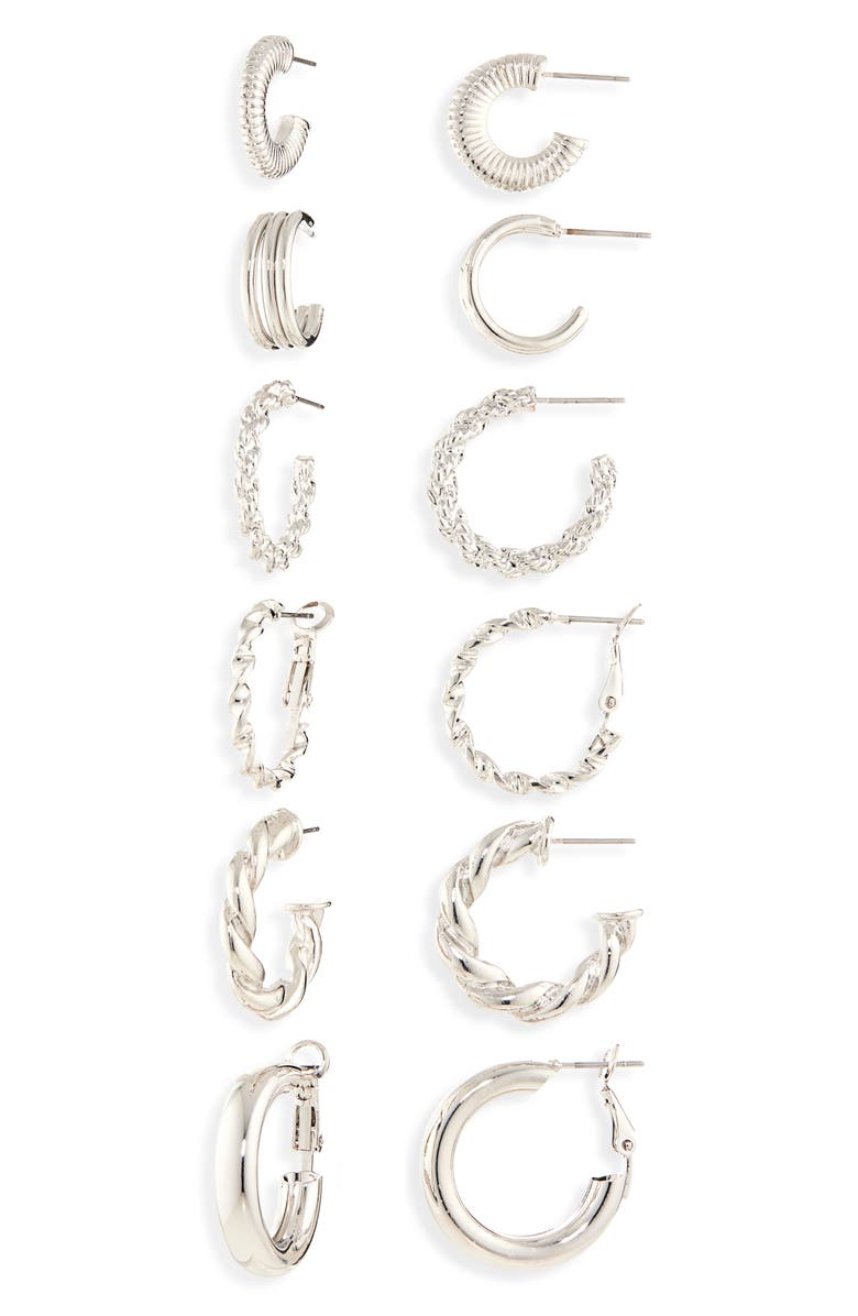 Tasha Set of 6 Assorted Huggie Hoop Earrings, Main, color, Silver