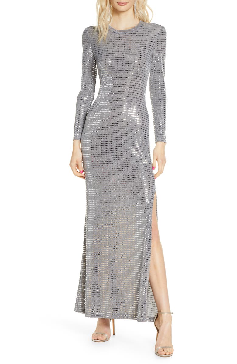 Morgan & Co. Long Sleeve Sequin Knit Gown, Main, color,
