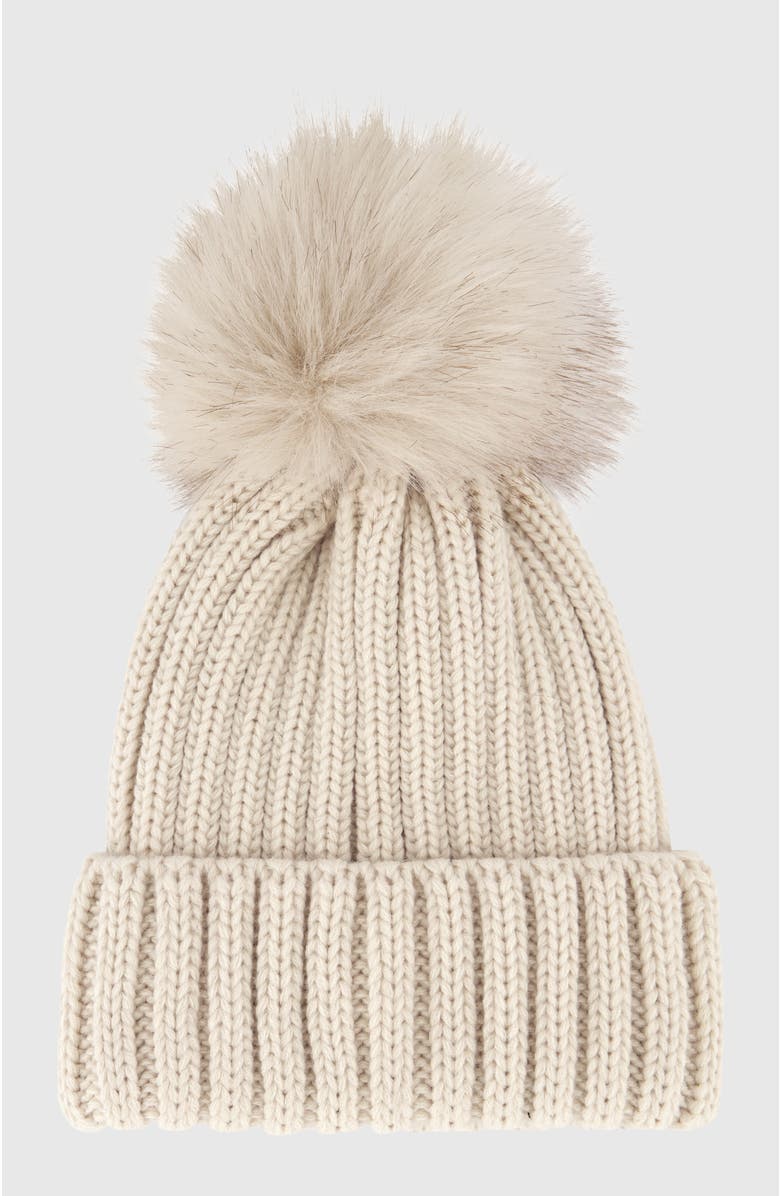 Lyla Grant Beanie Hat With Fur-Free Fox (Faux Fur) Pompom, Alternate, color, Beige/Beige