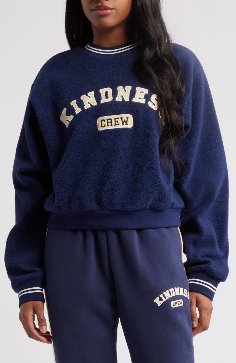 THE MAYFAIR GROUP Kindness Crew Teddy Fleece Crewneck Sweatshirt, Main, color, Navy