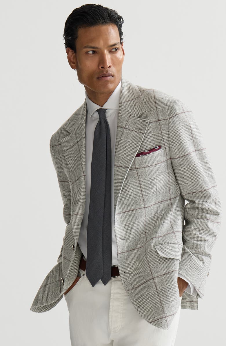 Brunello Cucinelli Silk, wool and cashmere Prince of Wales flannel deconstructed Cavallo blazer with metal buttons, Alternate, color, Grey