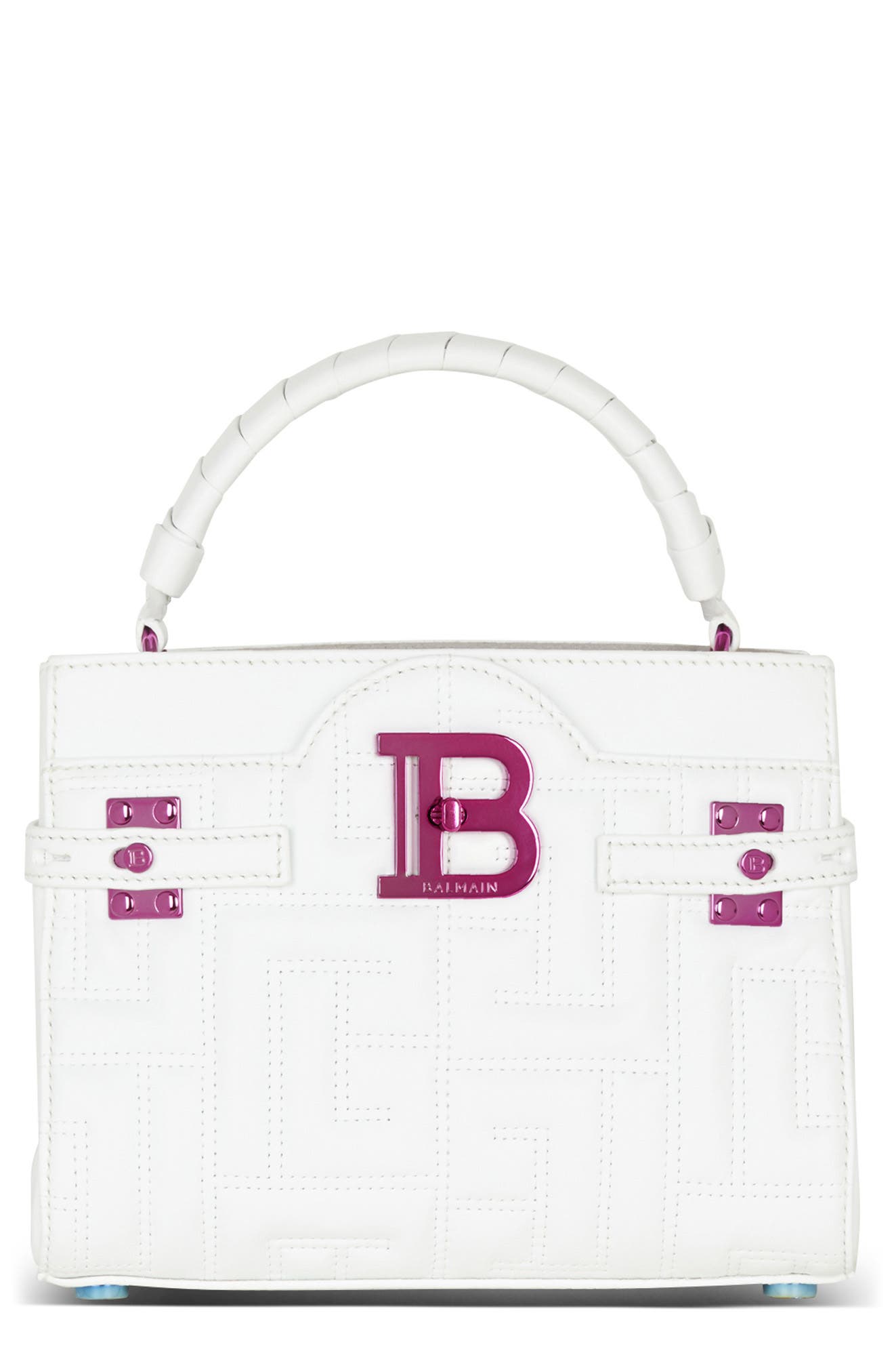 Balmain B-Buzz 22 Monogram Leather Top Handle Bag, Main, color, 