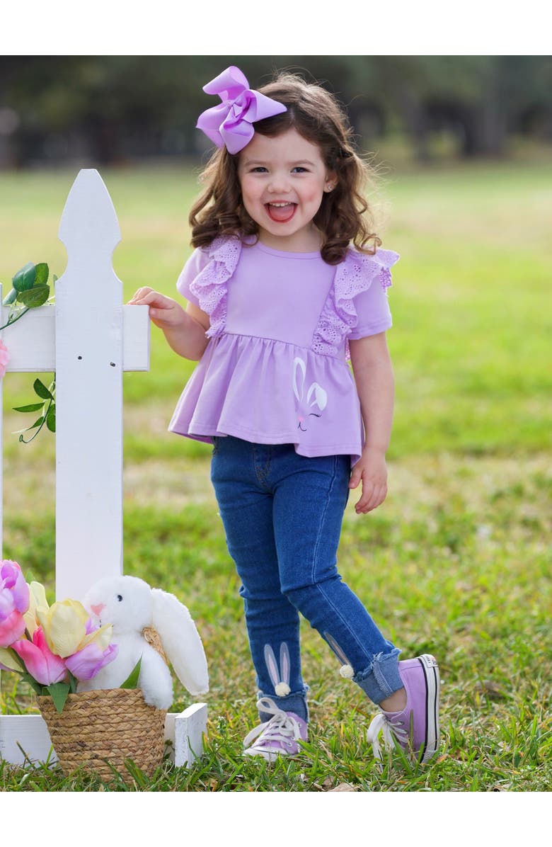 Mia Belle Girls Girls Lilac Love Bunny Top and Embroidered Denim Set, Alternate, color, Purple