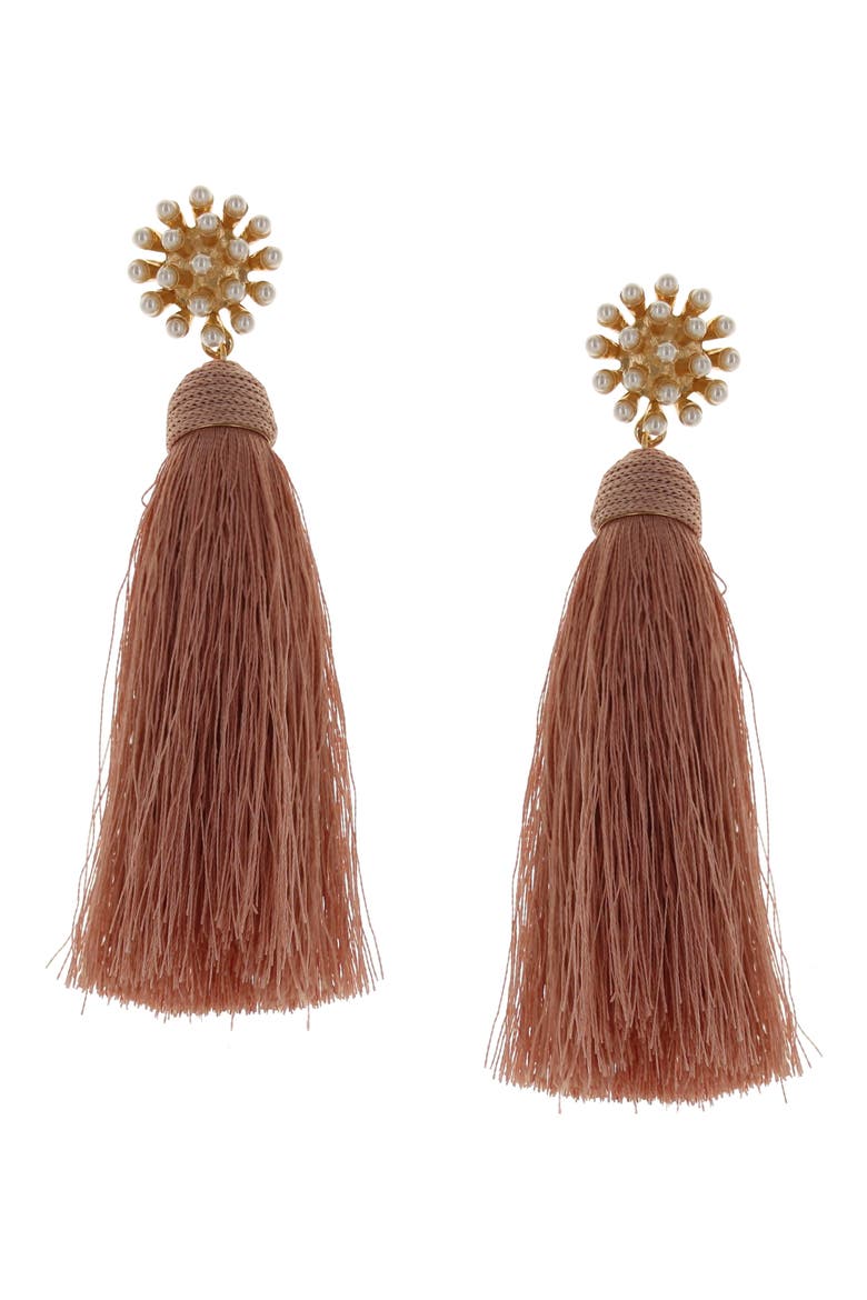 Briella Imitation Pearl & Tassel Drop Earrings, Main, color, GOLD / ROSE