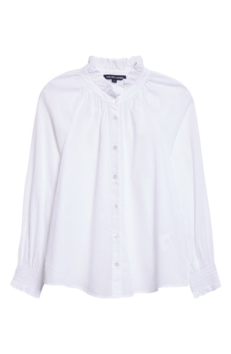 Veronica Beard Calisto Ruffle Collar Cotton Button-Up Shirt, Alternate, color, White