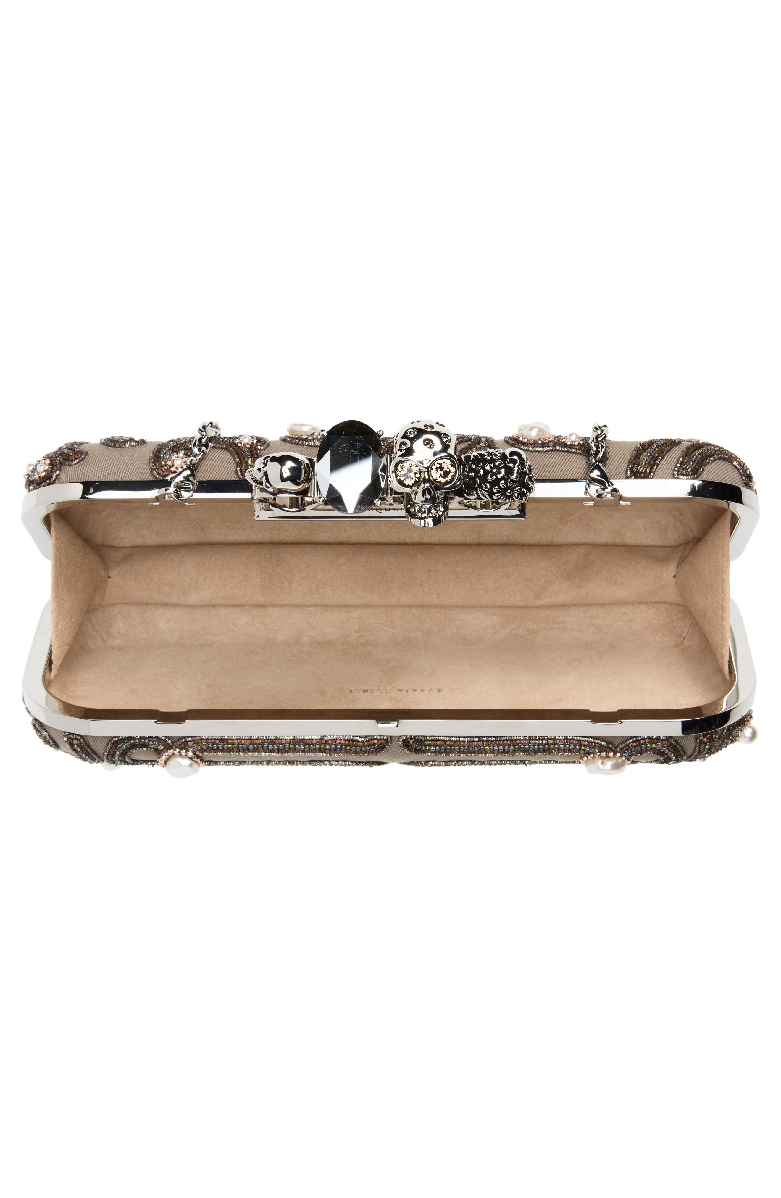 Skull Embellished Four-Ring Leather Long Clutch, Alternate, color, LIGHT BEIGE/ SILVER
