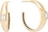 LANA 14K Gold Curved Solo Emerald Cut Diamond Hoop Earrings