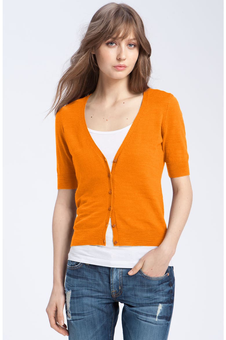 V-Neck Elbow Sleeve Cardigan, Main, color, BLACK/ HEATHER GREY STRIPE