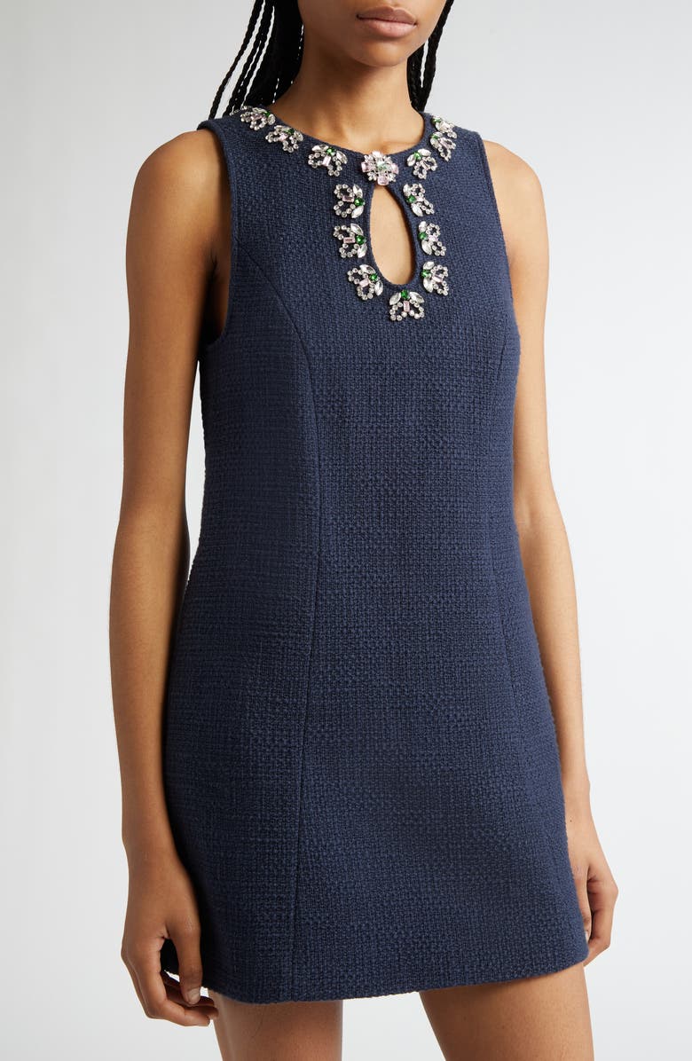 Cinq à Sept Franchelle Crystal Embellished Tweed Minidress, Alternate, color, Navy