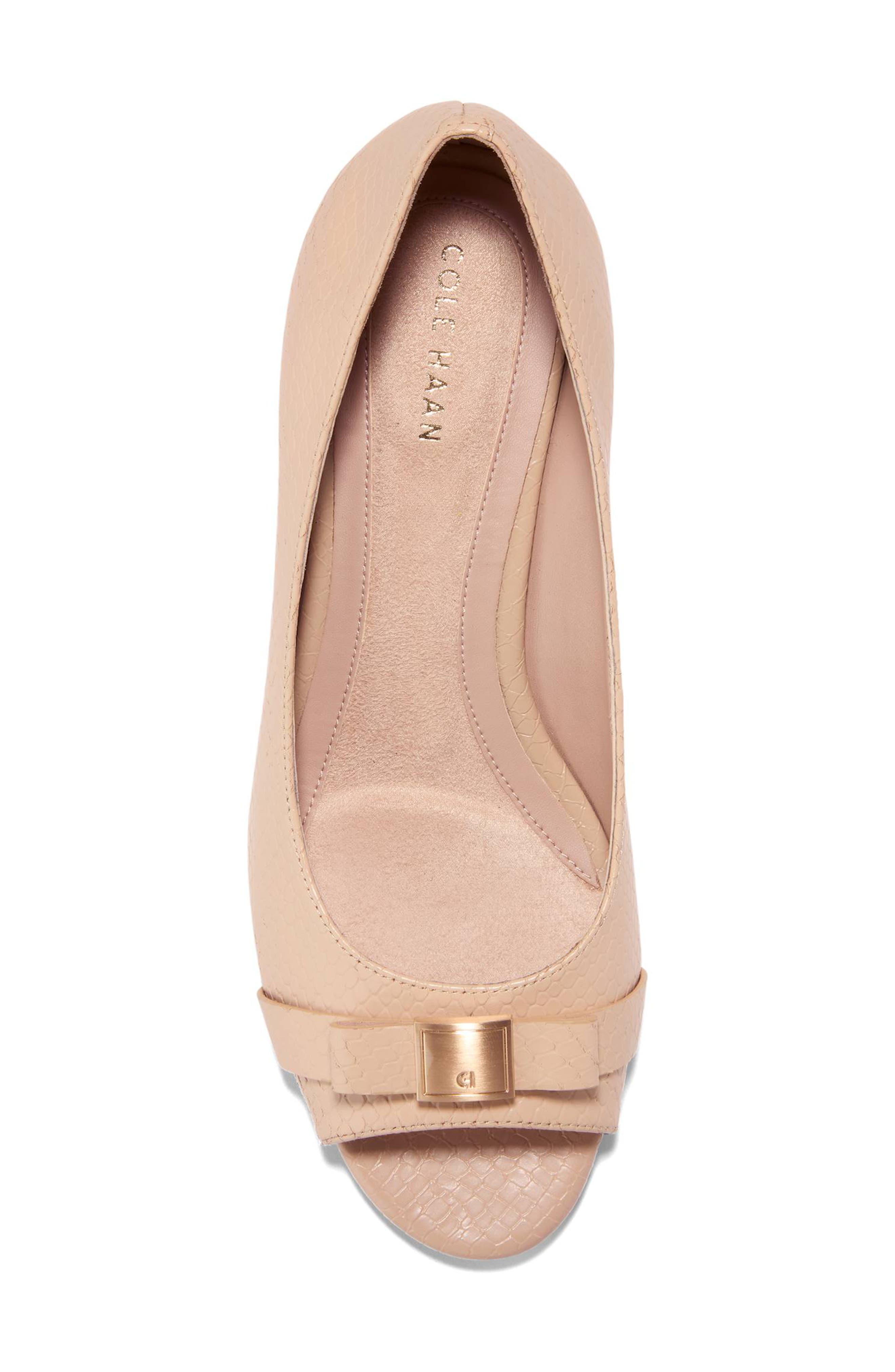 Cole Haan <p>Go-To Malta Peep Toe Bow Wedge (Women)</p>, Alternate, color, Soft Buff Snake Print Leather