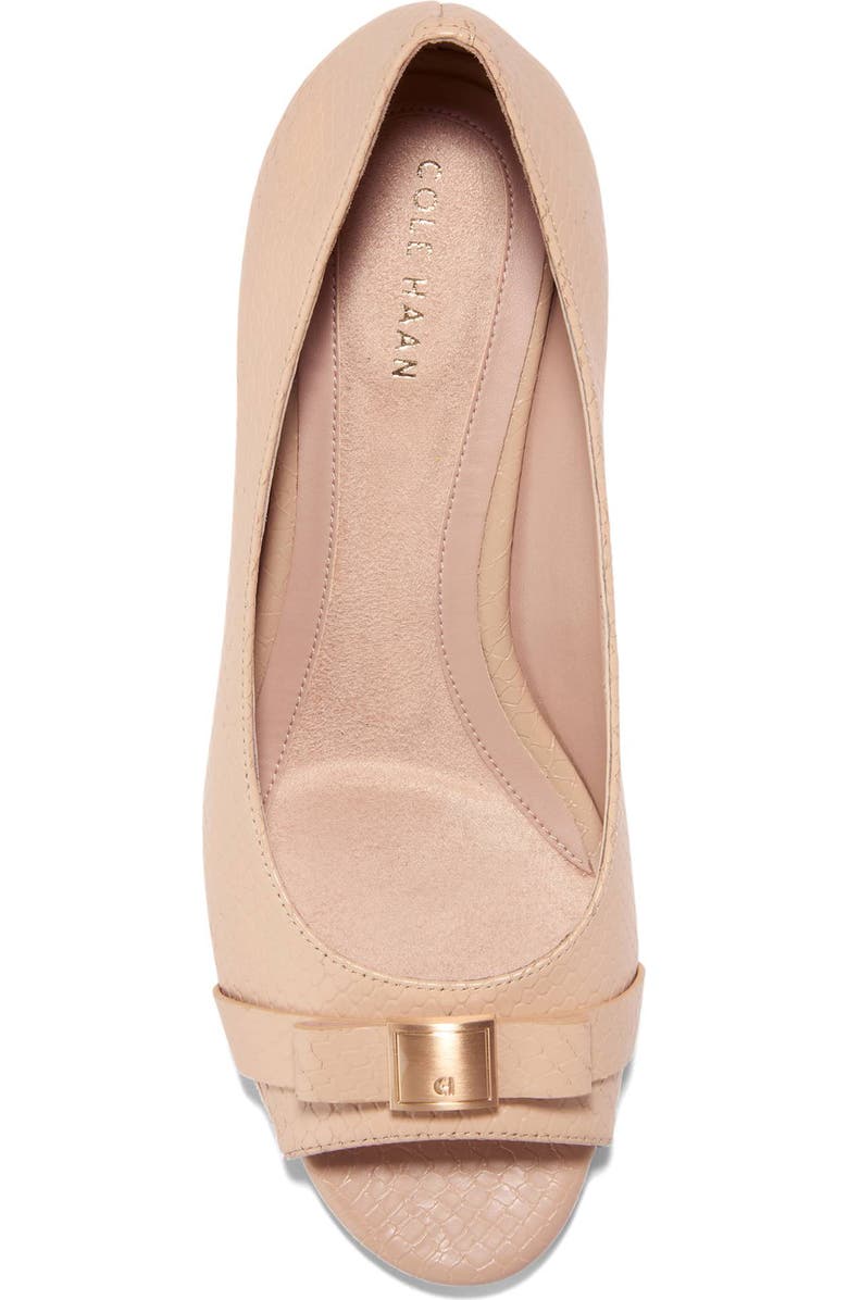 Cole Haan <p>Go-To Malta Peep Toe Bow Wedge (Women)</p>, Alternate, color, Soft Buff Snake Print Leather