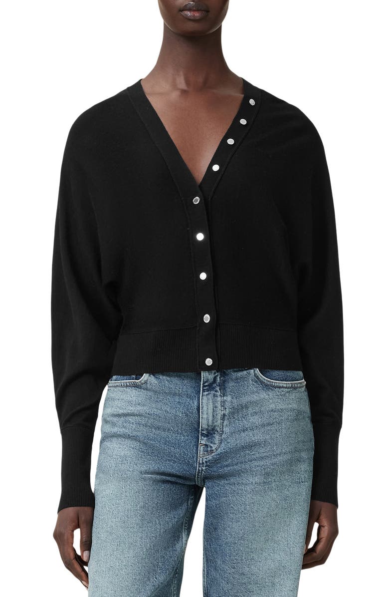 AllSaints Honor V Merino Wool Cardigan, Main, color, Black