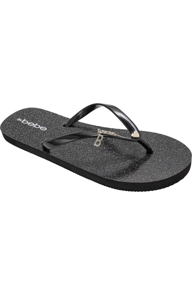 bebe Glittery Thong Sandal, Main, color, Black