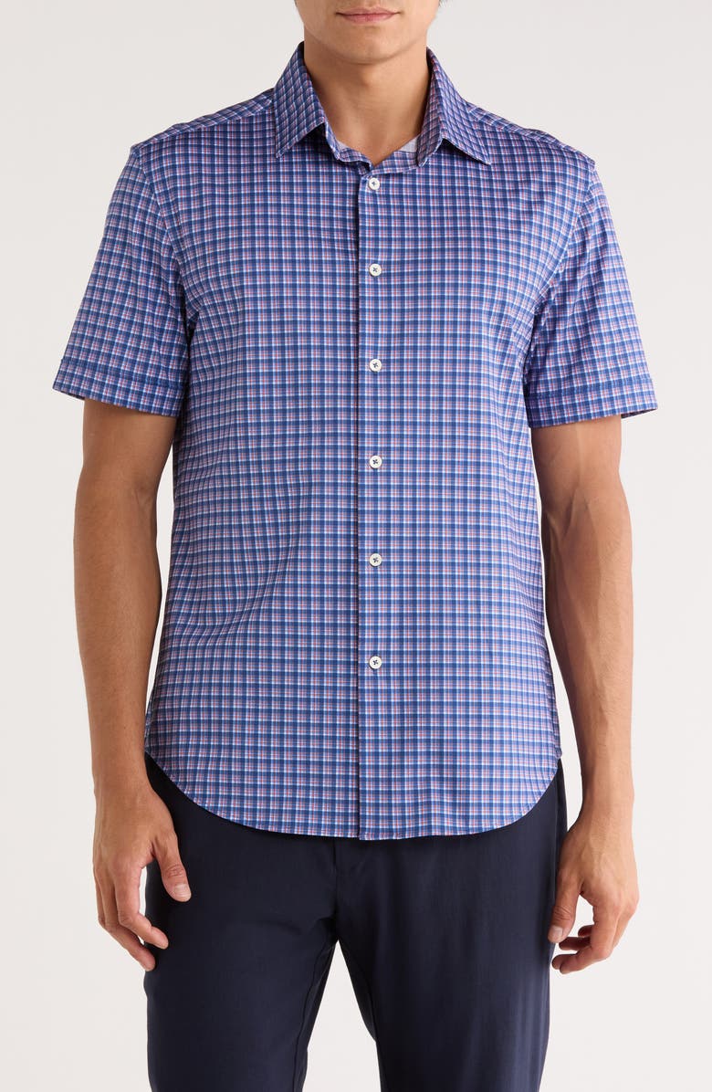 Bugatchi Miles OoohCotton<sup>®</sup> Short Sleeve Button-Up Shirt, Main, color, Navy