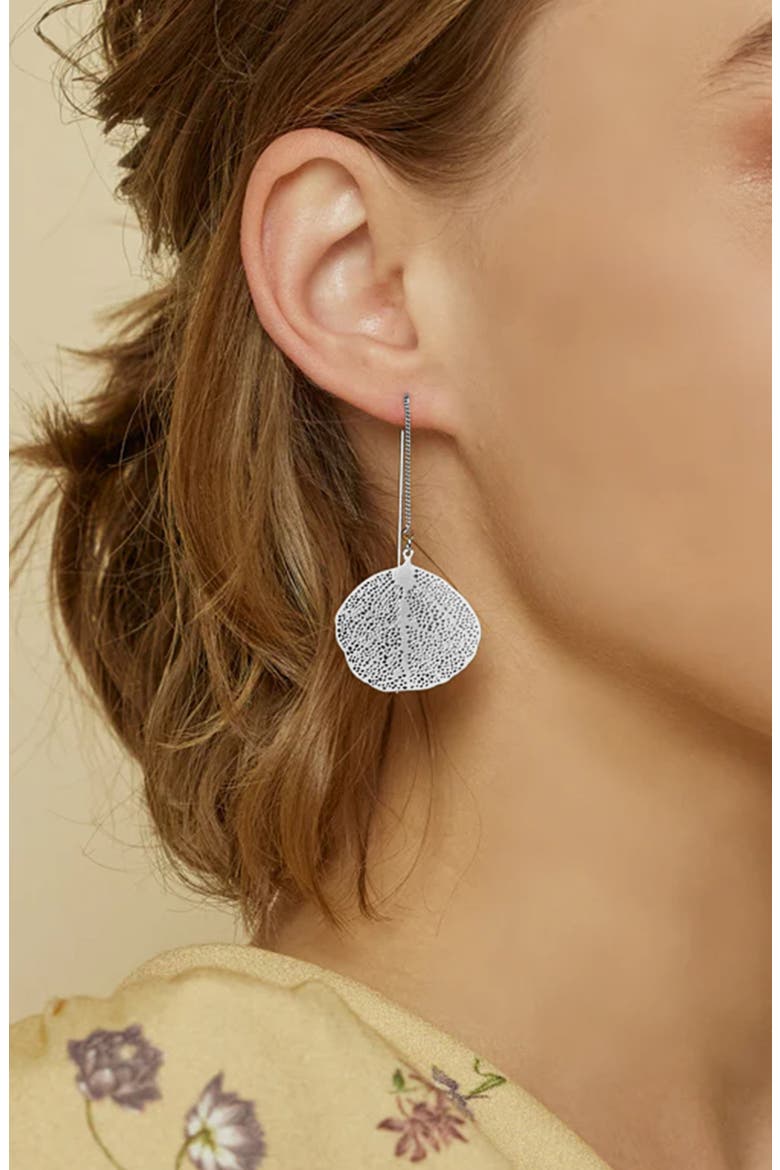 Sienna Textured Leaf Disc Threader Earrings Sculptural Trendy, Alternate, color, Silver