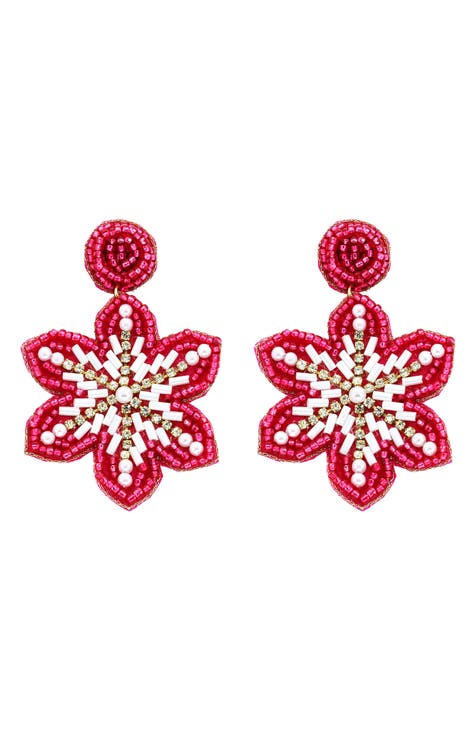 Pink & White Beaded Snowflake Drop Earrings