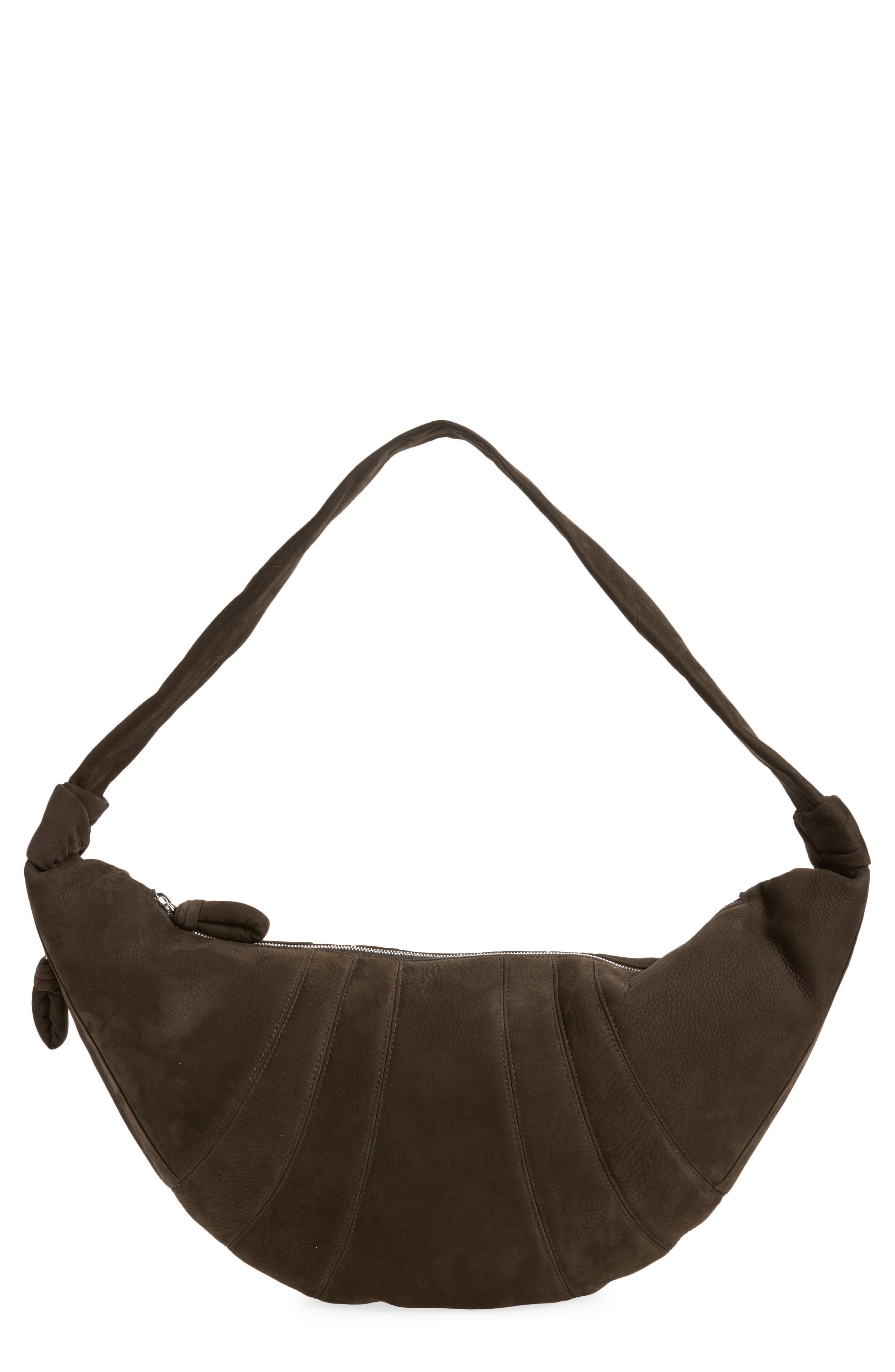 Large Croissant Nubuck Leather Bag, Main, color, EBONY BROWN