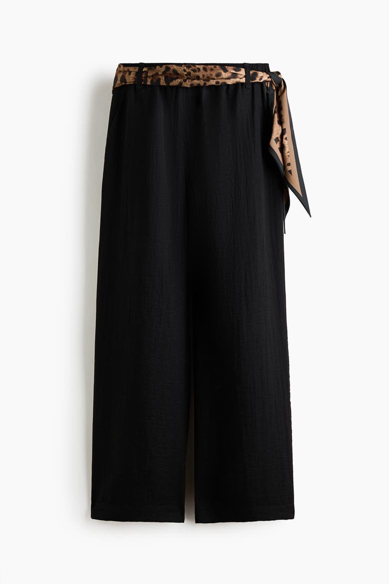 Scarf-detail Linen-blend Trousers, Alternate, color, Black
