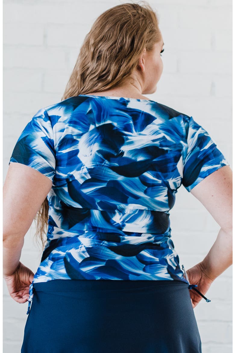 Plus Size Short Sleeve Adele Swim Top and Black Mid-Thigh Swim Shorts Set, Alternate, color, Navy Wave