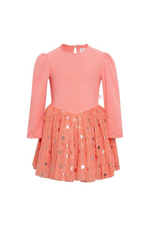 Gleam Long Sleeve Foil Heart Tulle Dress (Toddler, Little Kid & Big Kid)