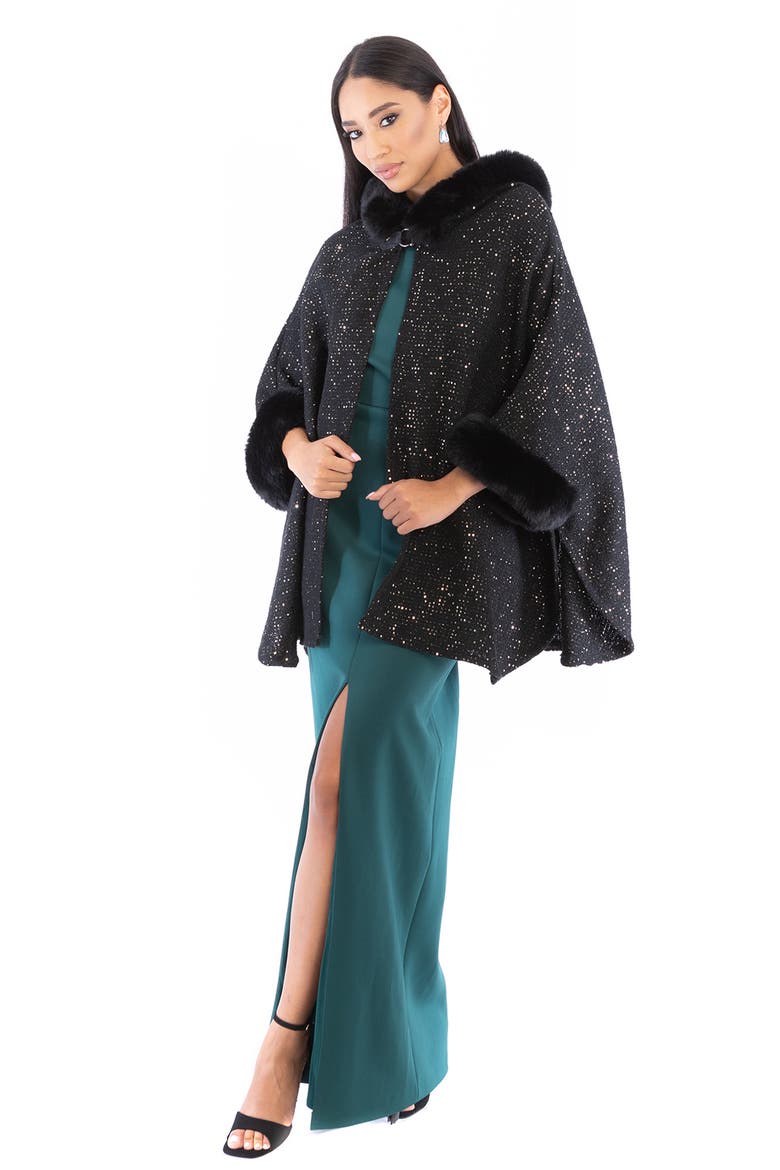 Stars Faux Fur Trim Hooded Ruana, Alternate, color, BLACK