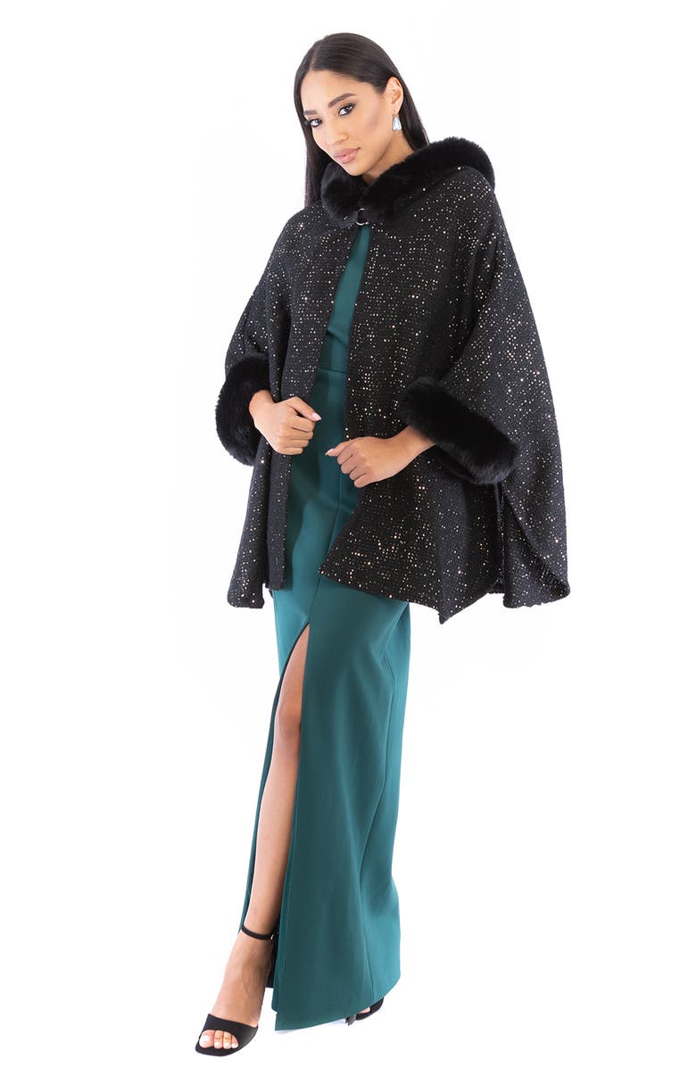 SAACHI Stars Faux Fur Trim Hooded Ruana, Alternate, color, Black