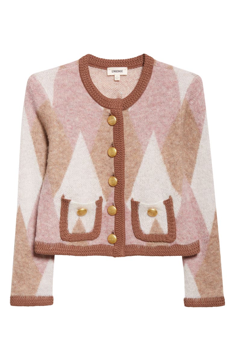 L'AGENCE Siobhan Argyle Crop Cardigan, Alternate, color, Natural/ Mauve Multi Argyle