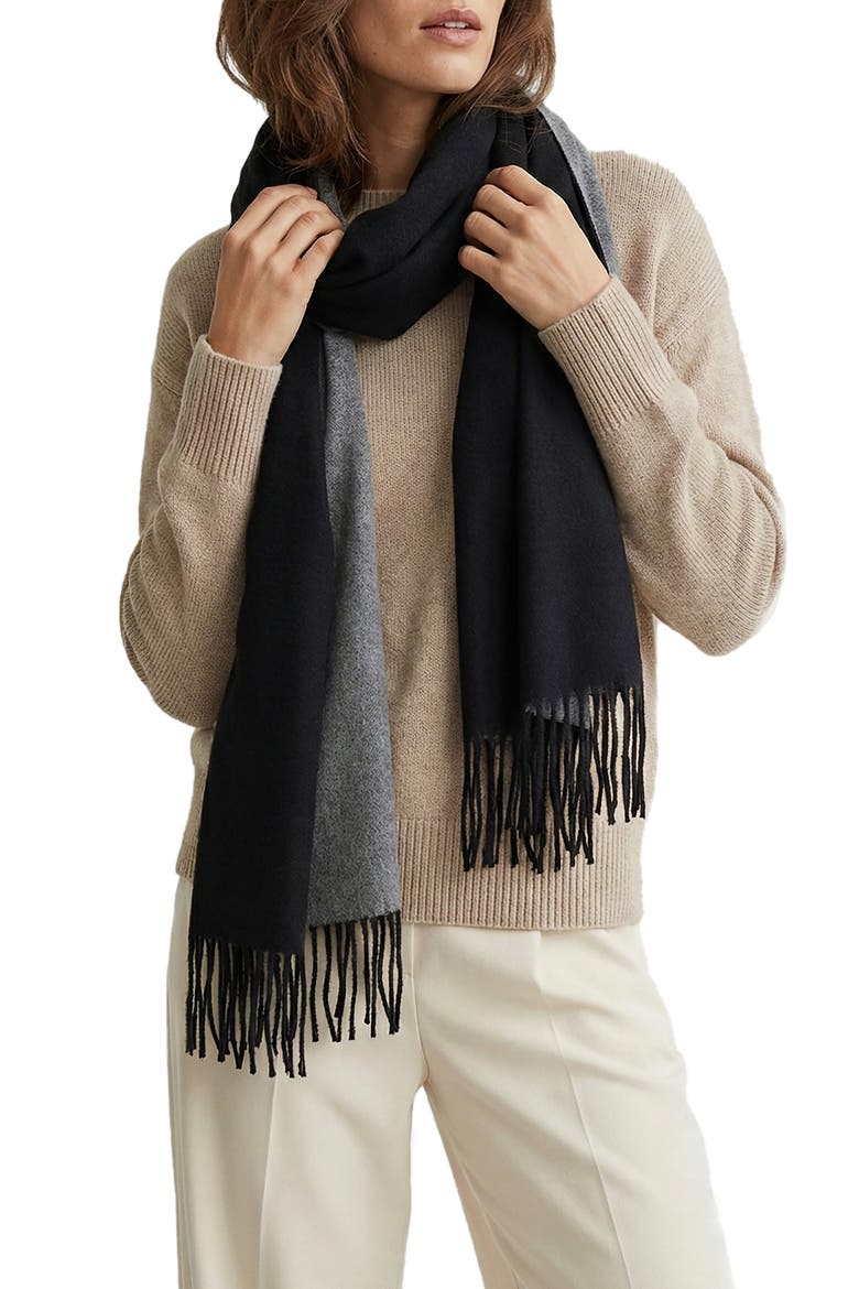 Two-Tone Reversible Fringe Scarf, Main, color, BLACK