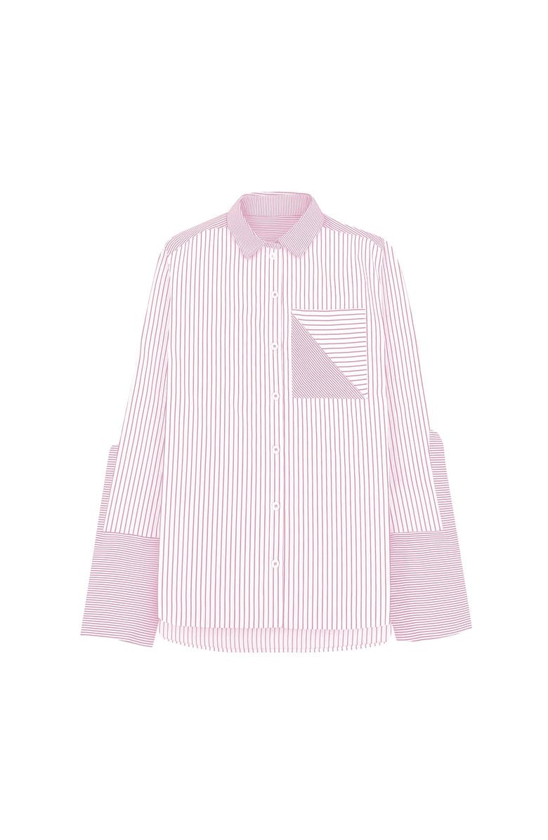 THEO The Label Echo Side Button Boyfriend Stripe Shirt, Main, color, Lantana